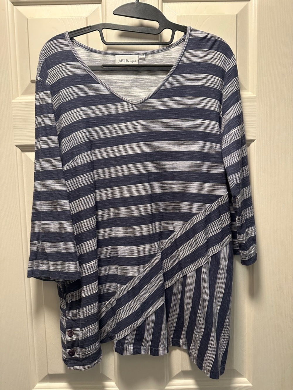 APT Designs Navy & White Striped V-Neck Tunic with 3/4 sleeves